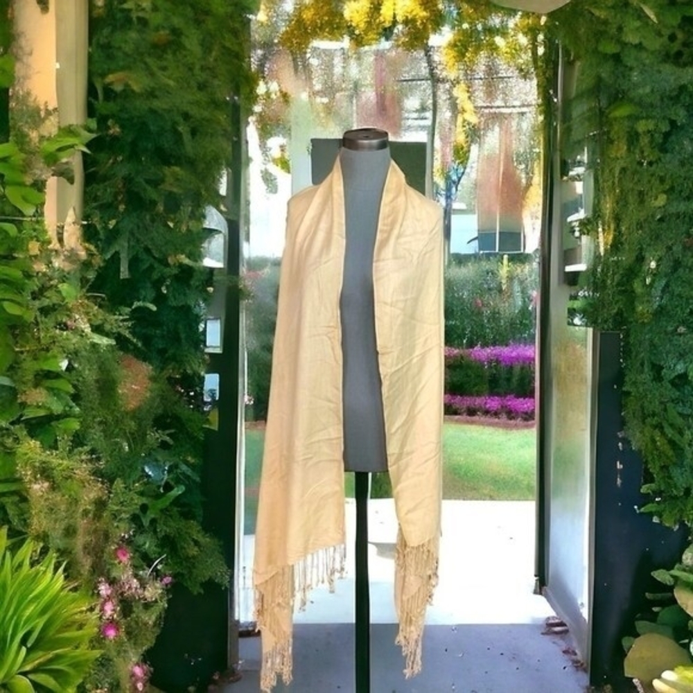 Beige Pashmina Scarf Fringe 86x35 Women Shawl Wrap Neck Warmer Excellent